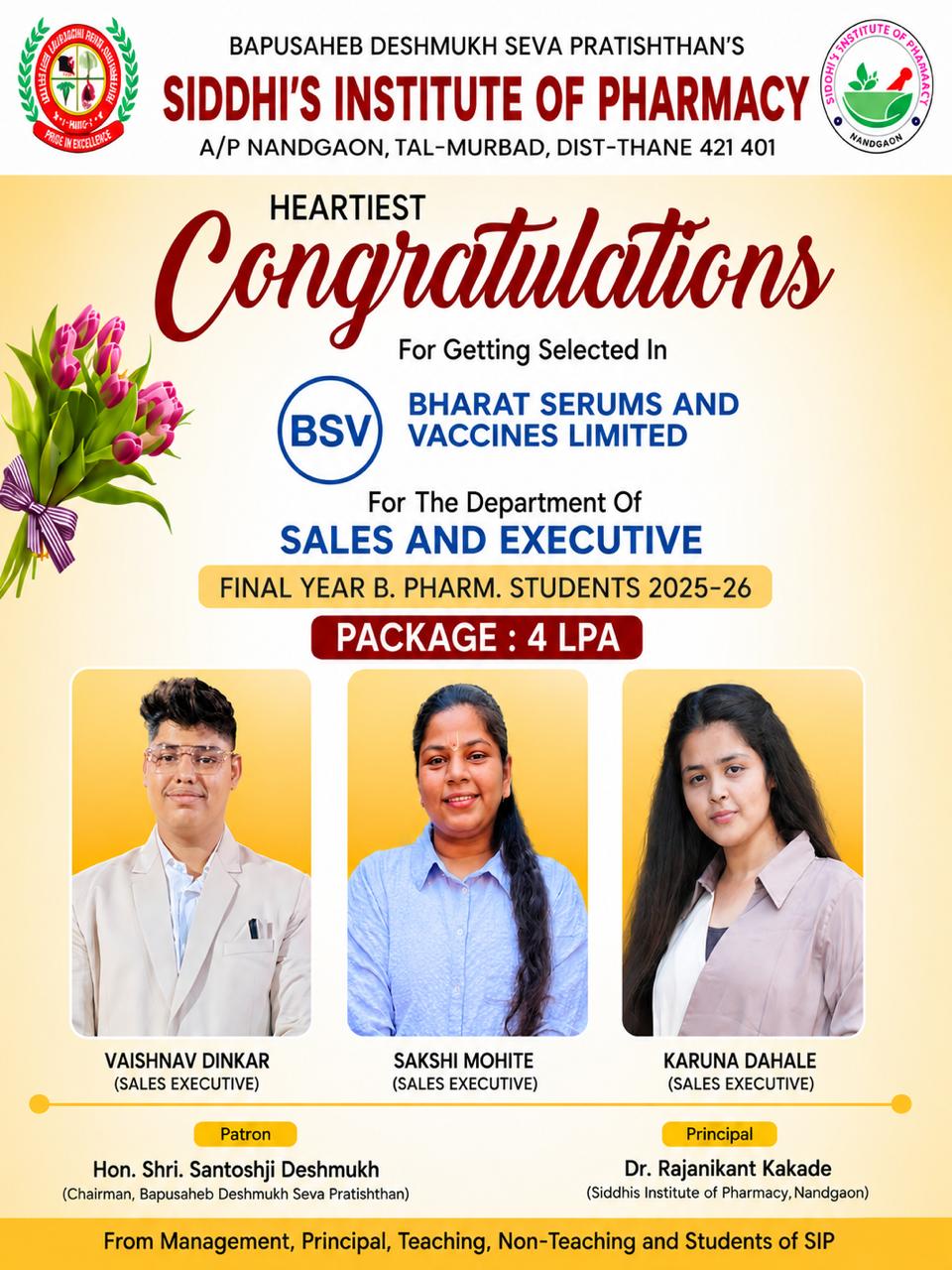 Bharat Serums Sales Placements